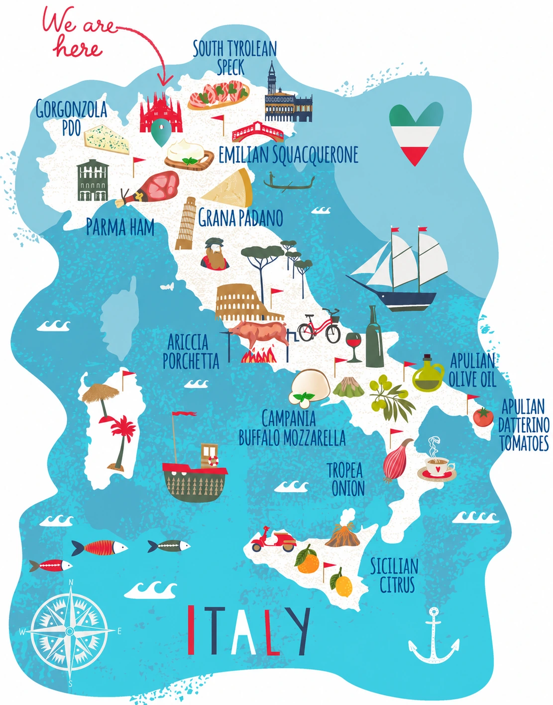 Illustrated map of Italy showing regional specialities and Cesarino in Milan