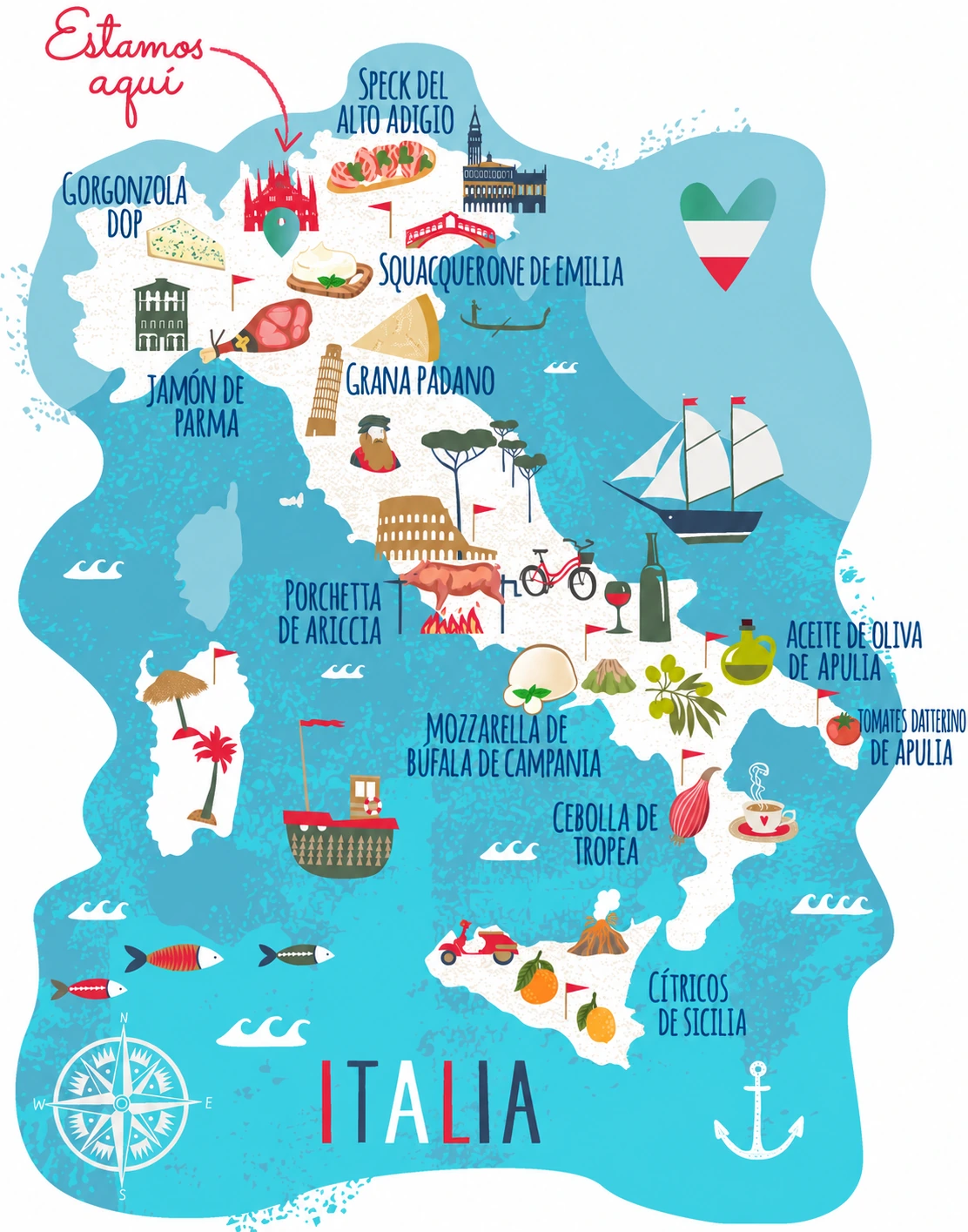 Mapa ilustrado de Italia con las especialidades regionales y Cesarino en Milán