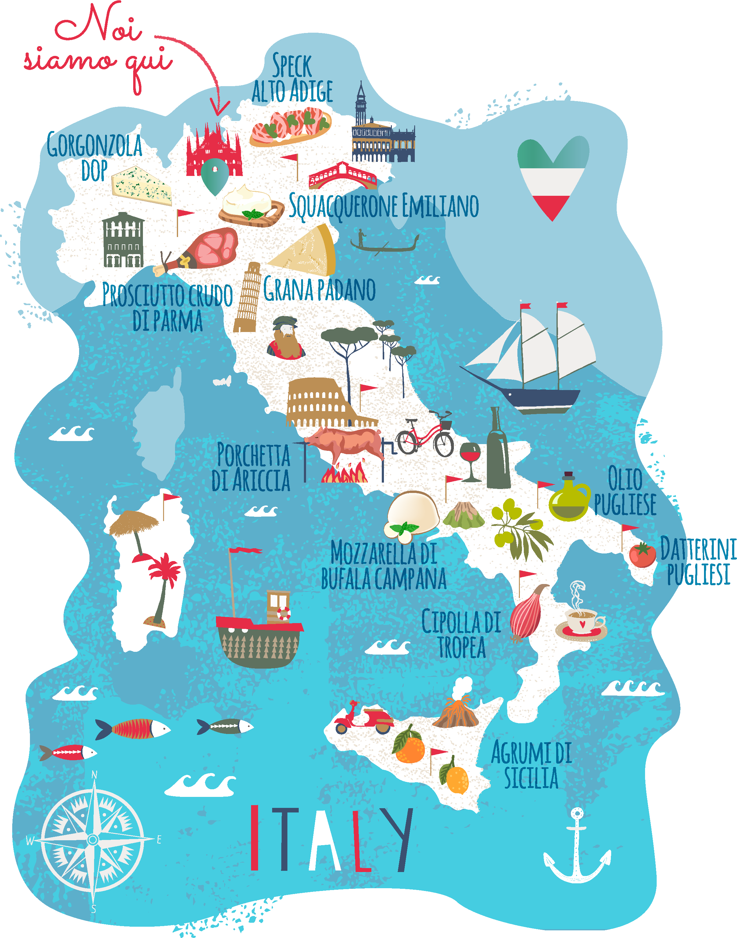 Mappa illustrata dell’Italia con le specialità regionali e Cesarino a Milano