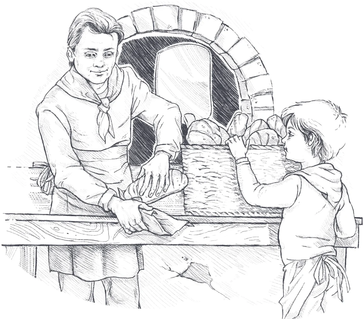 Antonio e il piccolo Cesarino al lavoro davanti al forno